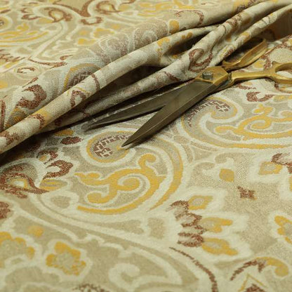 Sakura Damask Colourful Pattern Yellow Brown Chenille Upholstery Furnishing Fabric CTR-867 - Made To Measure Curtains