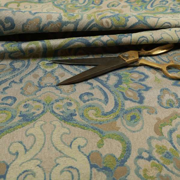 Sakura Damask Colourful Pattern Blue Green Chenille Upholstery Furnishing Fabric CTR-868 - Roman Blinds