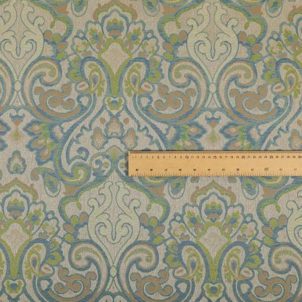 Sakura Damask Colourful Pattern Blue Green Chenille Upholstery Furnishing Fabric CTR-868 - Made To Measure Curtains