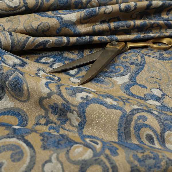 Sakura Damask Colourful Pattern Blue Chenille Upholstery Furnishing Fabric CTR-869 - Made To Measure Curtains