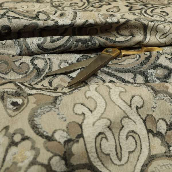 Sakura Damask Colourful Pattern Grey White Chenille Upholstery Furnishing Fabric CTR-870 - Made To Measure Curtains