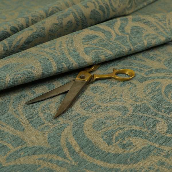 Olympos Mono Tone Faded Damask Pattern Blue Colour Chenille Upholstery Fabric CTR-879 - Made To Measure Curtains