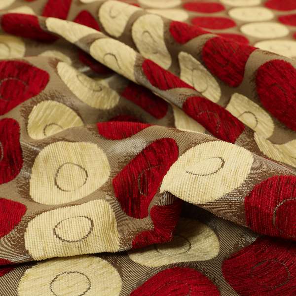 Chinaz Circular Geometric Pattern Chenille Upholstery Fabric Gold Beige Red Colour CTR-889 - Made To Measure Curtains