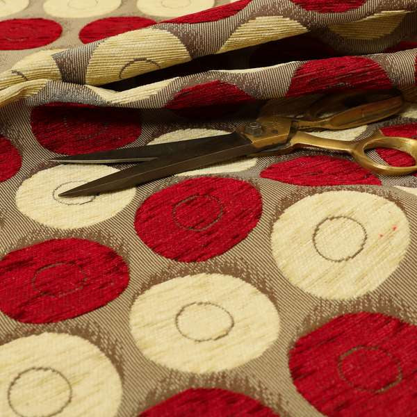 Chinaz Circular Geometric Pattern Chenille Upholstery Fabric Gold Beige Red Colour CTR-889 - Made To Measure Curtains