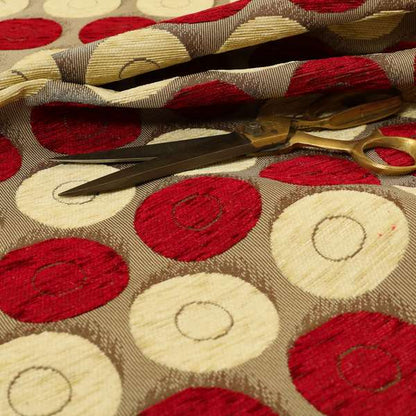 Chinaz Circular Geometric Pattern Chenille Upholstery Fabric Gold Beige Red Colour CTR-889