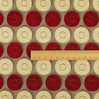 Chinaz Circular Geometric Pattern Chenille Upholstery Fabric Gold Beige Red Colour CTR-889 - Made To Measure Curtains