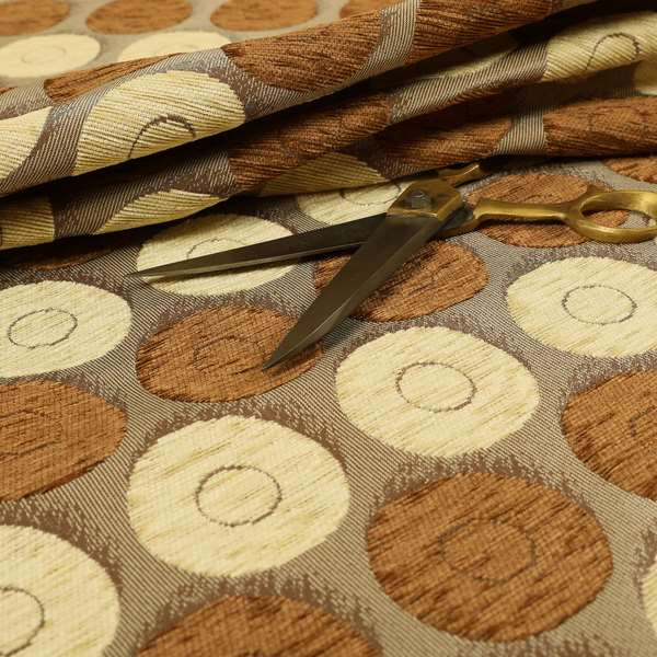 Chinaz Circular Geometric Pattern Chenille Upholstery Fabric Gold Beige Brown Colour CTR-890 - Made To Measure Curtains