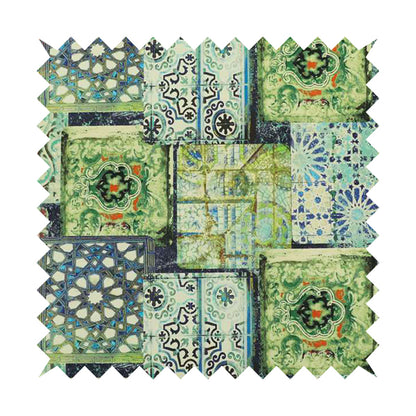 Freedom Printed Velvet Fabric Collection Modern Colourful Blue Green Colour Patchwork Pattern Upholstery Fabric CTR-90 - Handmade Cushions