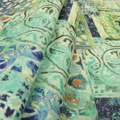 Freedom Printed Velvet Fabric Collection Modern Colourful Blue Green Colour Patchwork Pattern Upholstery Fabric CTR-90 - Made To Measure Curtains