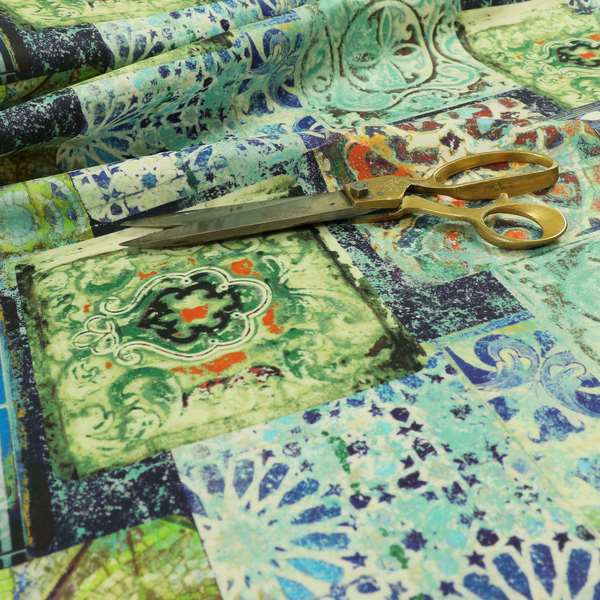 Freedom Printed Velvet Fabric Collection Modern Colourful Blue Green Colour Patchwork Pattern Upholstery Fabric CTR-90 - Roman Blinds