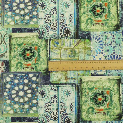 Freedom Printed Velvet Fabric Collection Modern Colourful Blue Green Colour Patchwork Pattern Upholstery Fabric CTR-90 - Roman Blinds