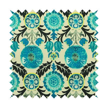 Freedom Printed Velvet Fabric Collection Colourful Blue Green Colour Floral Theme Pattern Upholstery Fabric CTR-91 - Roman Blinds