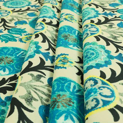 Freedom Printed Velvet Fabric Collection Colourful Blue Green Colour Floral Theme Pattern Upholstery Fabric CTR-91 - Made To Measure Curtains