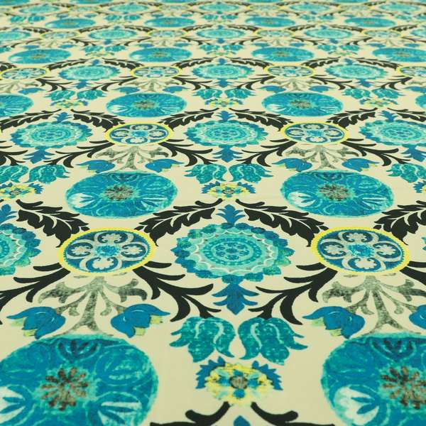 Freedom Printed Velvet Fabric Collection Colourful Blue Green Colour Floral Theme Pattern Upholstery Fabric CTR-91 - Roman Blinds