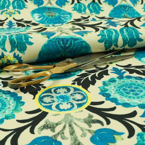 Freedom Printed Velvet Fabric Collection Colourful Blue Green Colour Floral Theme Pattern Upholstery Fabric CTR-91 - Roman Blinds