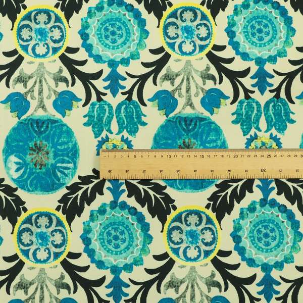 Freedom Printed Velvet Fabric Collection Colourful Blue Green Colour Floral Theme Pattern Upholstery Fabric CTR-91 - Roman Blinds