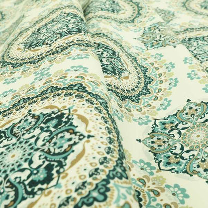 Freedom Printed Velvet Fabric Collection Traditional Medallion Gold Blue Colour Upholstery Fabric CTR-93