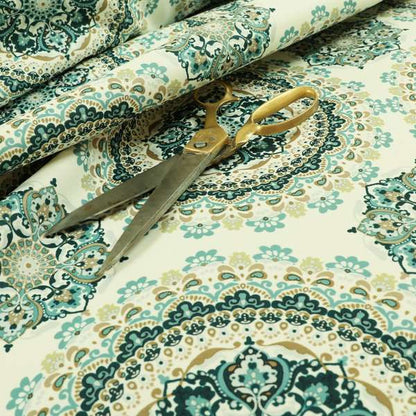 Freedom Printed Velvet Fabric Collection Traditional Medallion Gold Blue Colour Upholstery Fabric CTR-93