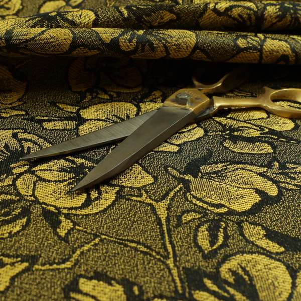 Fabriano Floral Pattern Chenille Type Yellow Black Upholstery Fabric CTR-936 - Roman Blinds