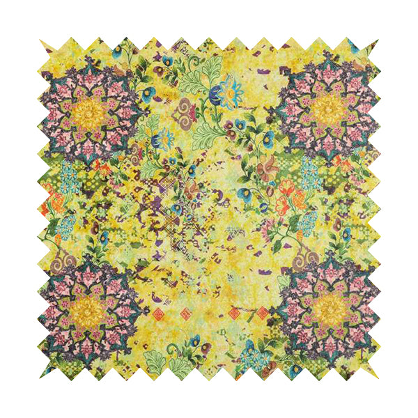 Glamour Floral Collection Print Velvet Upholstery Fabric Yellow Purple Multi Coloured CTR-972 - Roman Blinds