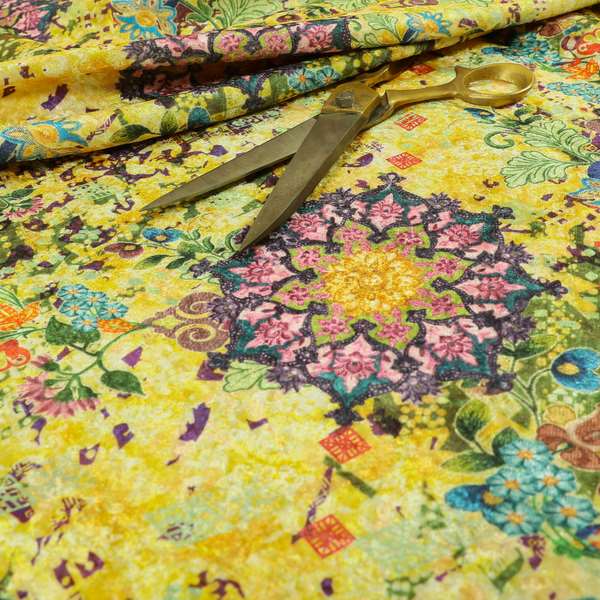 Glamour Floral Collection Print Velvet Upholstery Fabric Yellow Purple Multi Coloured CTR-972 - Made To Measure Curtains