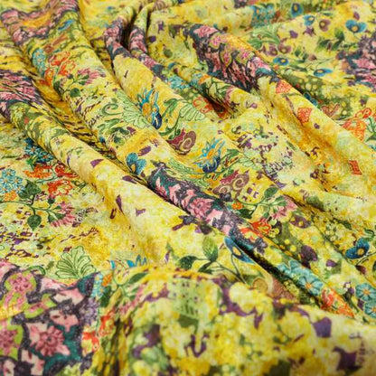 Glamour Floral Collection Print Velvet Upholstery Fabric Yellow Purple Multi Coloured CTR-972 - Made To Measure Curtains