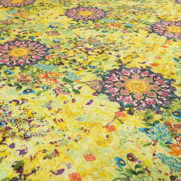 Glamour Floral Collection Print Velvet Upholstery Fabric Yellow Purple Multi Coloured CTR-972