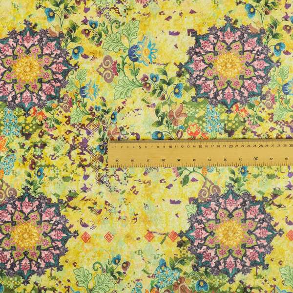 Glamour Floral Collection Print Velvet Upholstery Fabric Yellow Purple Multi Coloured CTR-972 - Roman Blinds