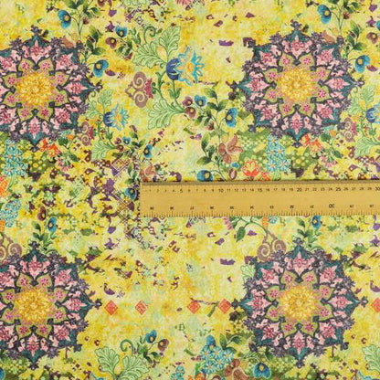 Glamour Floral Collection Print Velvet Upholstery Fabric Yellow Purple Multi Coloured CTR-972 - Made To Measure Curtains