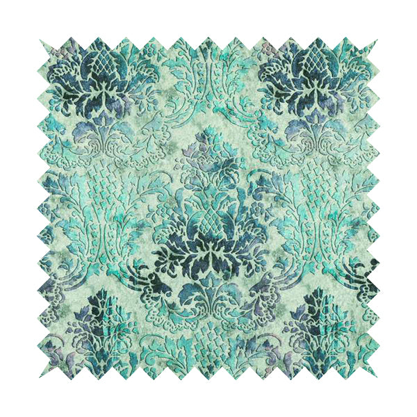 Glamour Floral Collection Print Velvet Upholstery Fabric Blue Teal Damask Pattern CTR-974 - Made To Measure Curtains