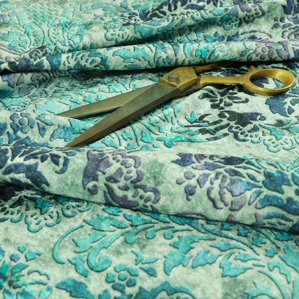 Glamour Floral Collection Print Velvet Upholstery Fabric Blue Teal Damask Pattern CTR-974 - Made To Measure Curtains