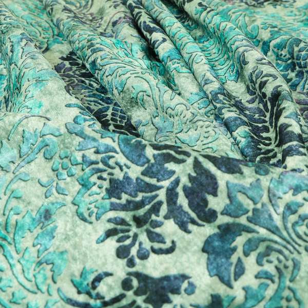 Glamour Floral Collection Print Velvet Upholstery Fabric Blue Teal Damask Pattern CTR-974 - Roman Blinds