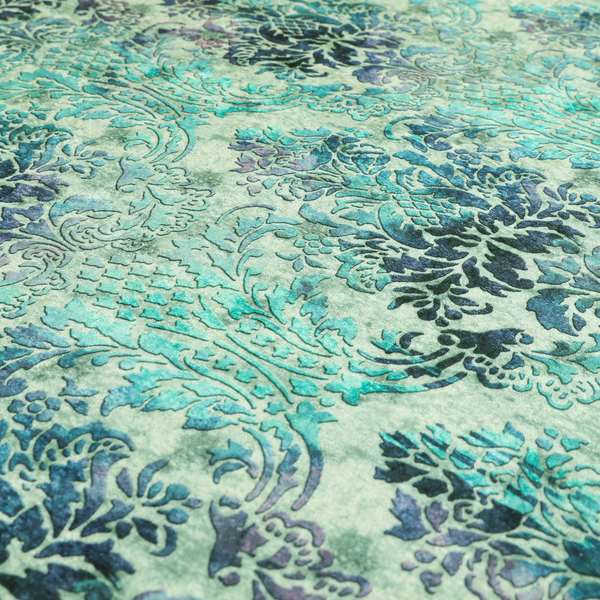 Glamour Floral Collection Print Velvet Upholstery Fabric Blue Teal Damask Pattern CTR-974 - Roman Blinds