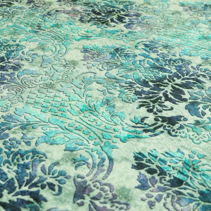 Glamour Floral Collection Print Velvet Upholstery Fabric Blue Teal Damask Pattern CTR-974 - Made To Measure Curtains