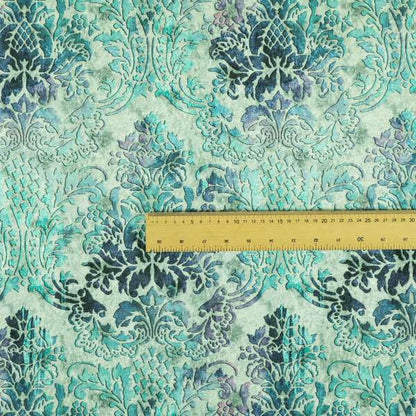 Glamour Floral Collection Print Velvet Upholstery Fabric Blue Teal Damask Pattern CTR-974 - Roman Blinds