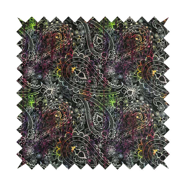 Glamour Floral Collection Print Velvet Upholstery Fabric Black Colourful Paisley Pattern CTR-975 - Made To Measure Curtains