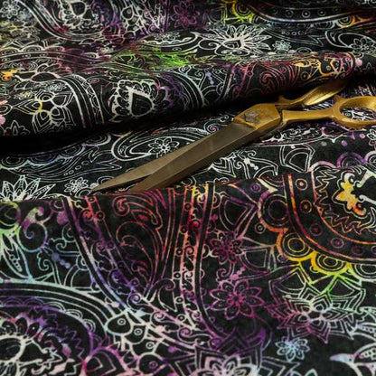 Glamour Floral Collection Print Velvet Upholstery Fabric Black Colourful Paisley Pattern CTR-975