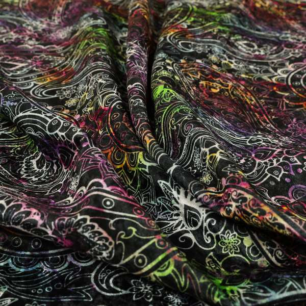 Glamour Floral Collection Print Velvet Upholstery Fabric Black Colourful Paisley Pattern CTR-975 - Roman Blinds