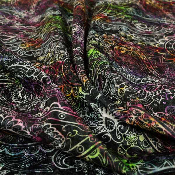 Glamour Floral Collection Print Velvet Upholstery Fabric Black Colourful Paisley Pattern CTR-975 - Made To Measure Curtains