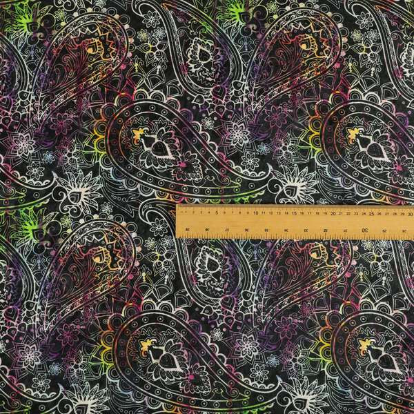 Glamour Floral Collection Print Velvet Upholstery Fabric Black Colourful Paisley Pattern CTR-975