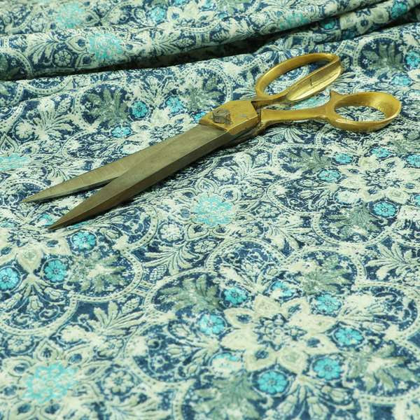 Glamour Floral Collection Print Velvet Upholstery Fabric Blue Silver Medallion Pattern CTR-976 - Made To Measure Curtains