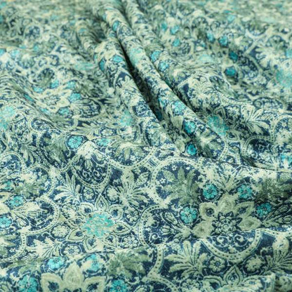 Glamour Floral Collection Print Velvet Upholstery Fabric Blue Silver Medallion Pattern CTR-976 - Roman Blinds