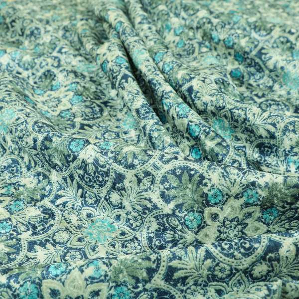 Glamour Floral Collection Print Velvet Upholstery Fabric Blue Silver Medallion Pattern CTR-976 - Made To Measure Curtains