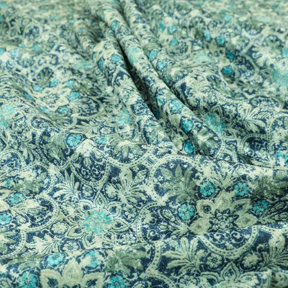 Glamour Floral Collection Print Velvet Upholstery Fabric Blue Silver Medallion Pattern CTR-976