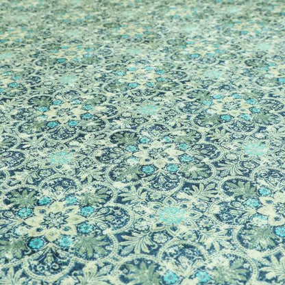 Glamour Floral Collection Print Velvet Upholstery Fabric Blue Silver Medallion Pattern CTR-976