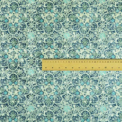 Glamour Floral Collection Print Velvet Upholstery Fabric Blue Silver Medallion Pattern CTR-976 - Roman Blinds