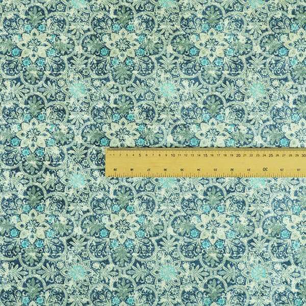 Glamour Floral Collection Print Velvet Upholstery Fabric Blue Silver Medallion Pattern CTR-976 - Made To Measure Curtains