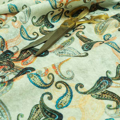 Glamour Floral Collection Print Velvet Upholstery Fabric Orange Colourful Falling Paisley Pattern CTR-977 - Made To Measure Curtains