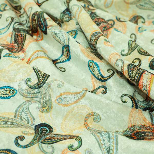 Glamour Floral Collection Print Velvet Upholstery Fabric Orange Colourful Falling Paisley Pattern CTR-977