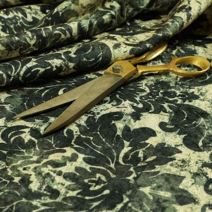 Glamour Floral Collection Print Velvet Upholstery Fabric Beige Black Floral Pattern CTR-978 - Made To Measure Curtains